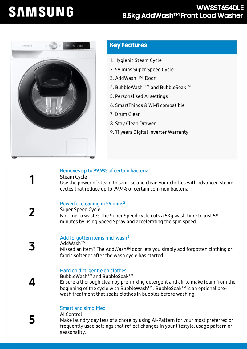 Página 1 del manual Ficha técnica Samsung WW85T654DLE