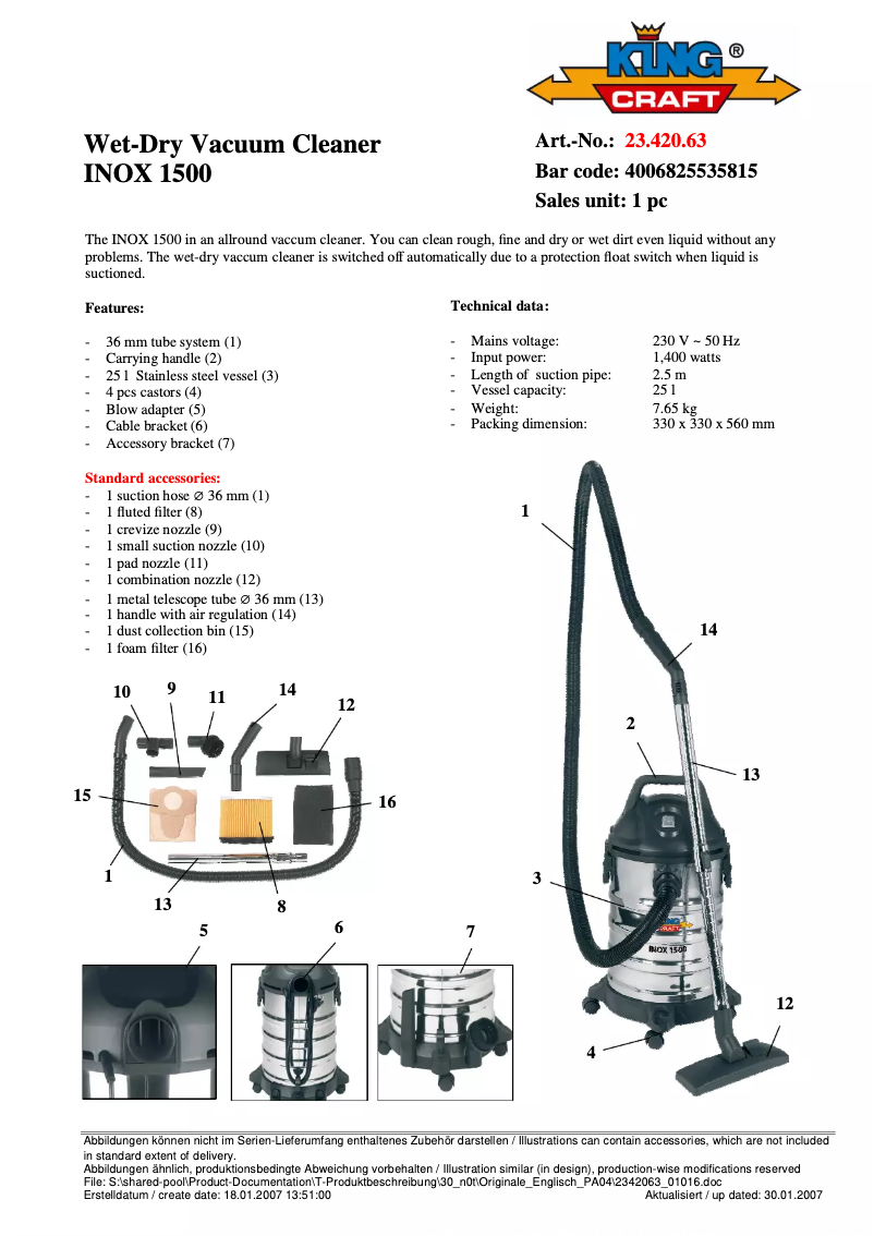 Page 1 de la notice Manuel utilisateur King Craft INOX 1500