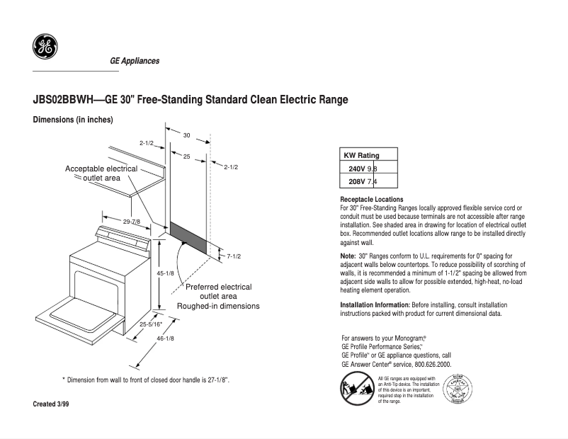 Page n°1 - Fiche technique GE JBS02BBWH