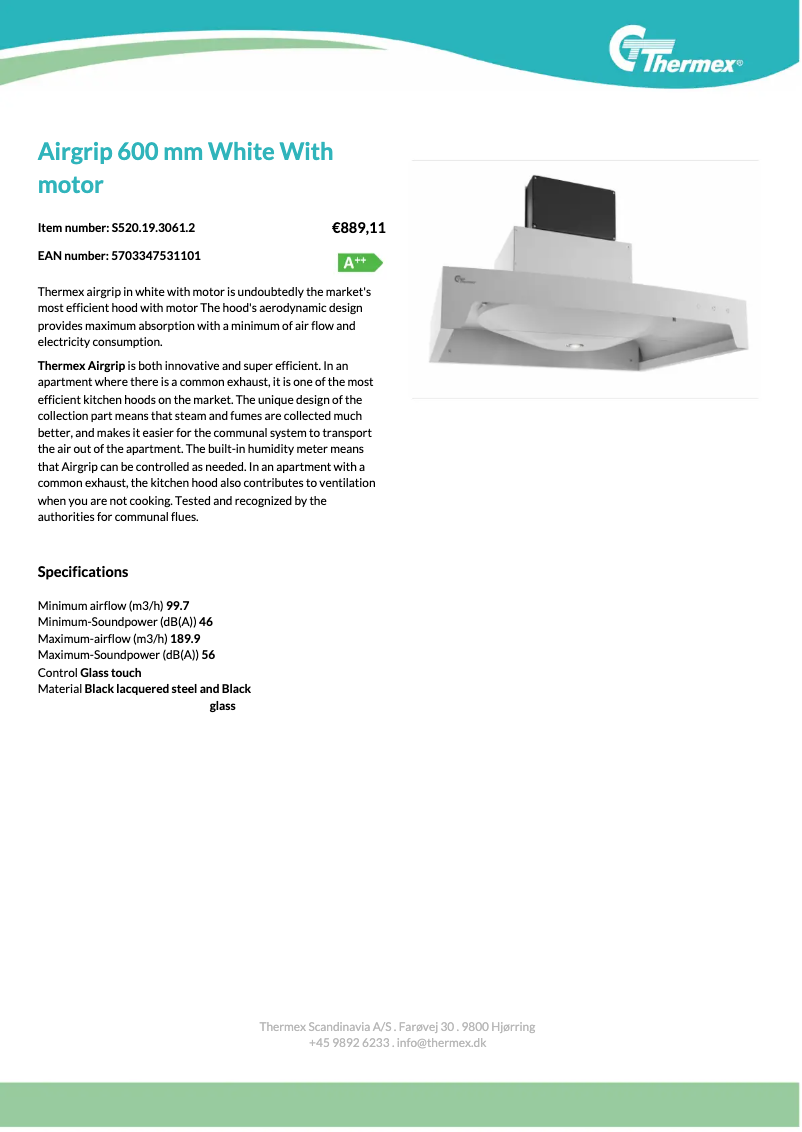 Page 1 de la notice Fiche technique Thermex Airgrip
