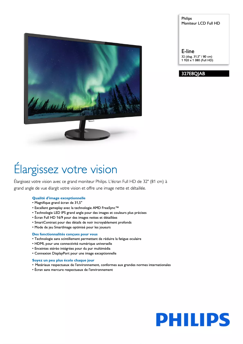 Page 1 of the manual Technical Sheet Philips E Line 327E8QJAB