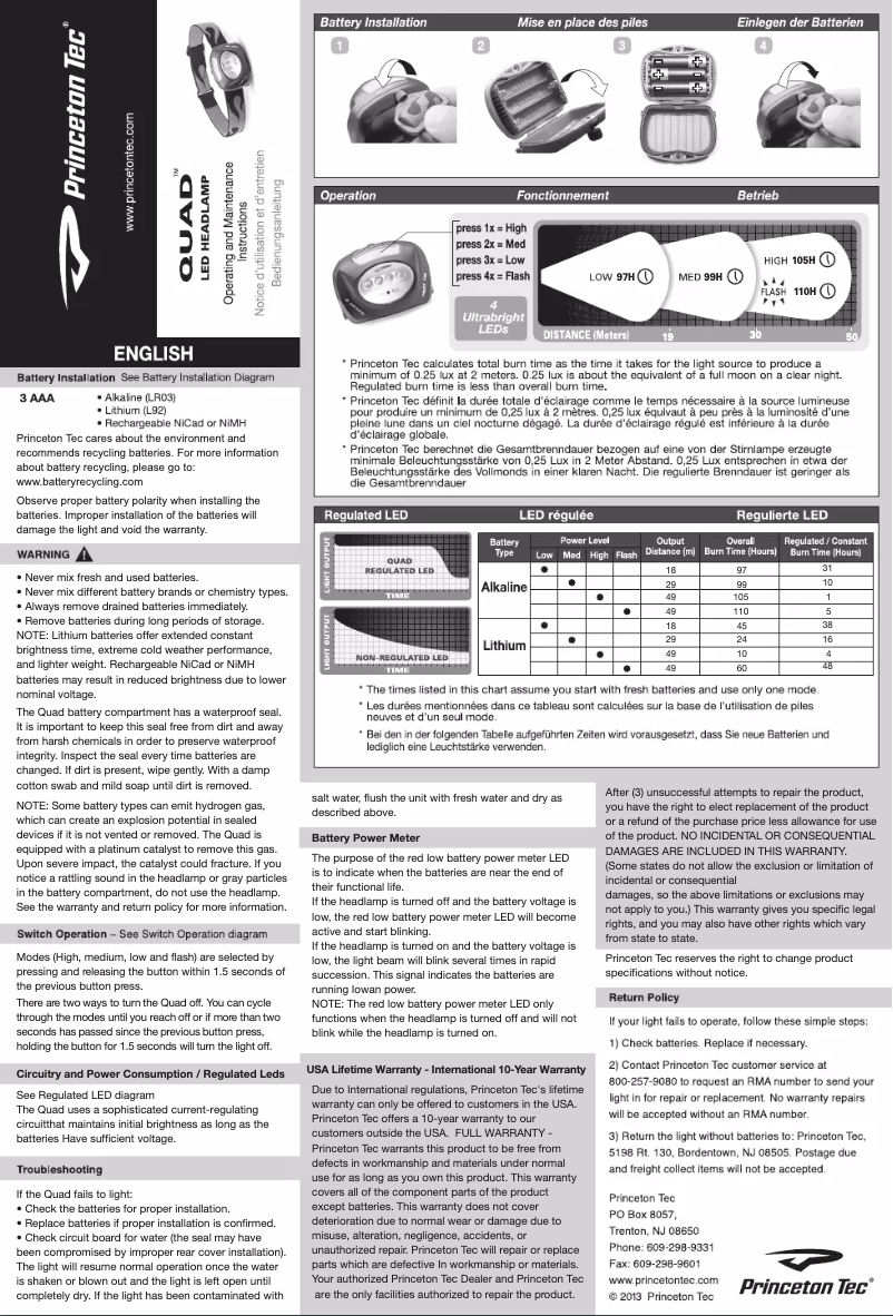 Page 1 de la notice Manuel utilisateur Princeton Tec Quad