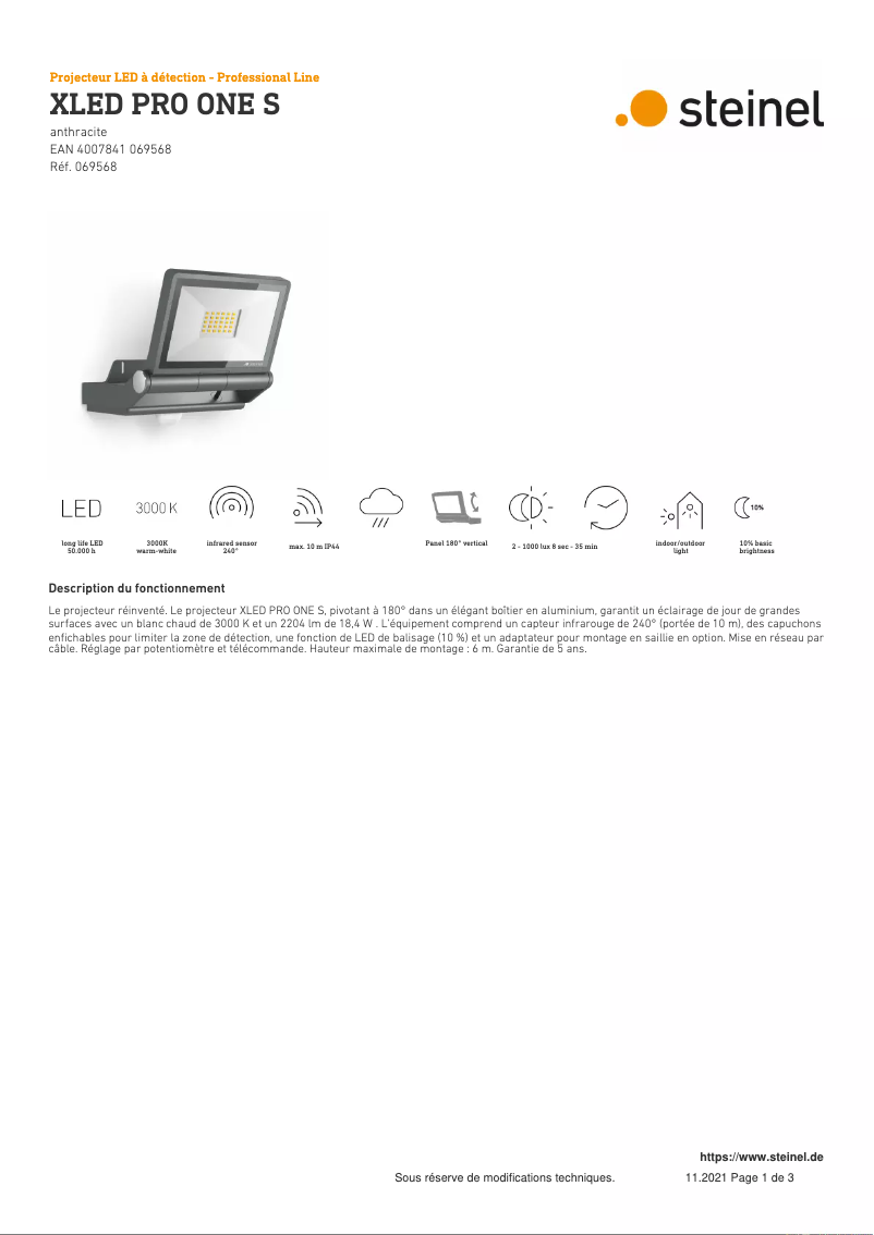 Página 1 del manual Ficha técnica Steinel XLED PRO ONE S