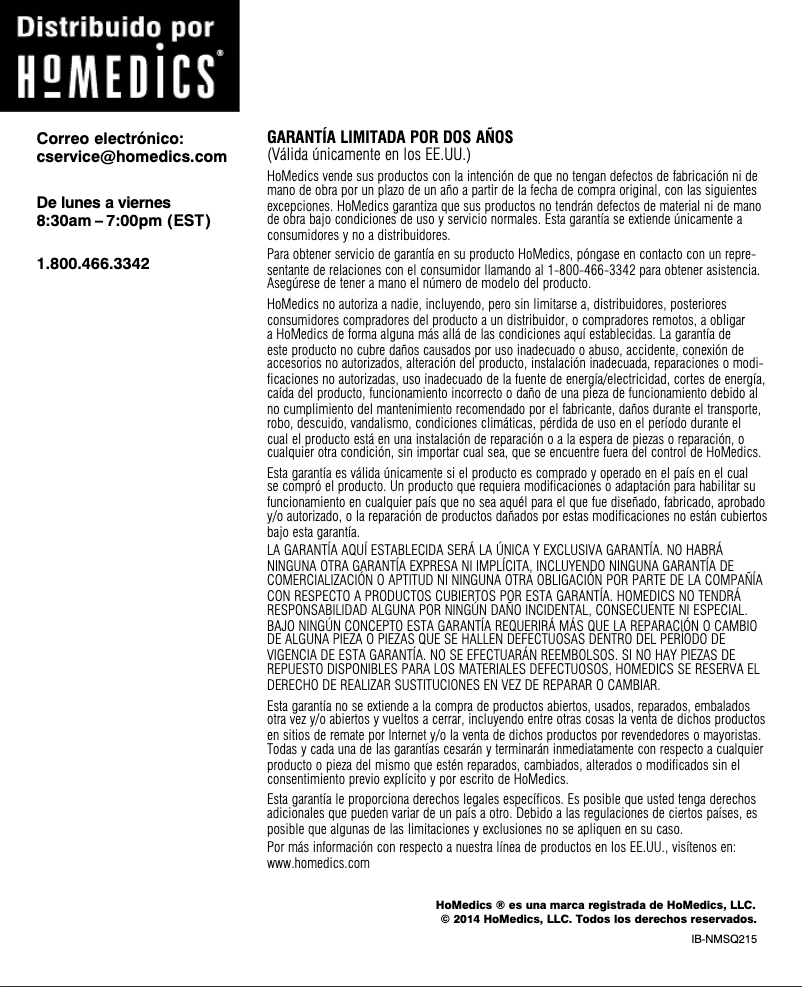 Page 1 de la notice Manuel utilisateur Homedics NMSQ-215