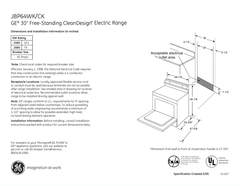 Página 1 del manual Ficha técnica GE JBP64CKCC