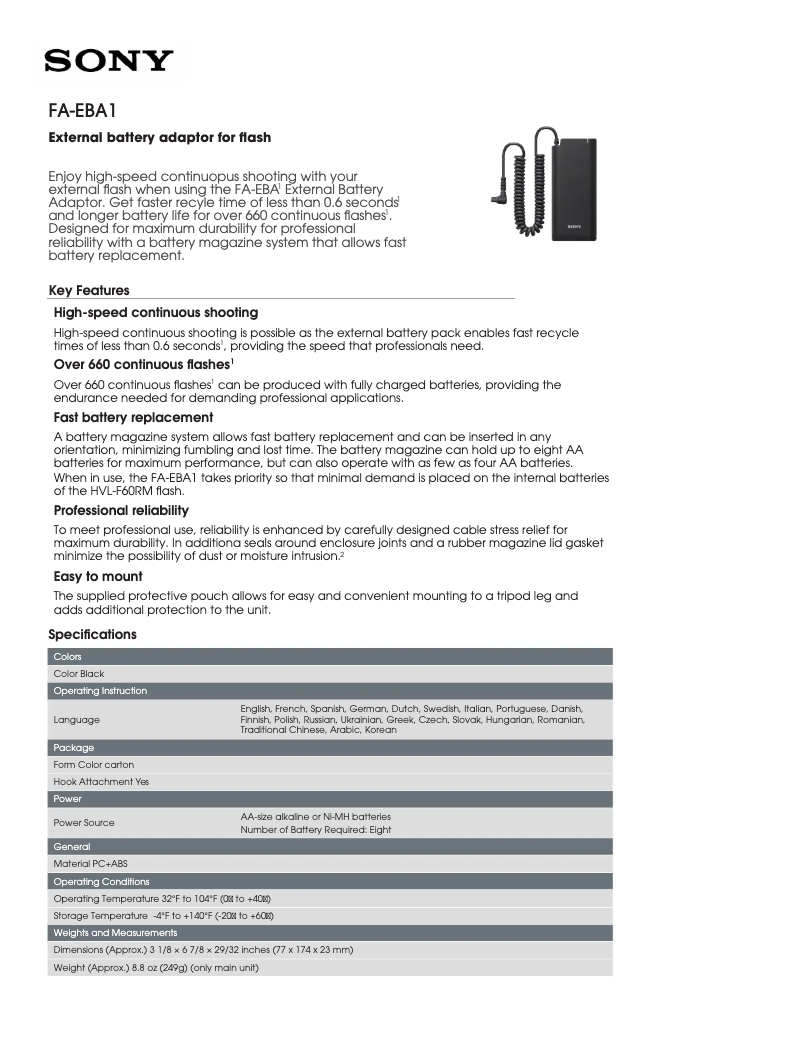 Page 1 of the manual Technical Sheet Sony FA-EBA1