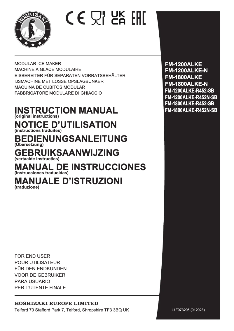 Page 1 de la notice Manuel utilisateur Hoshizaki FM-1200ALKE-R452N-SB