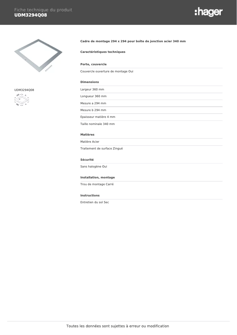 Page 1 de la notice Fiche technique Hager UDM3294Q08