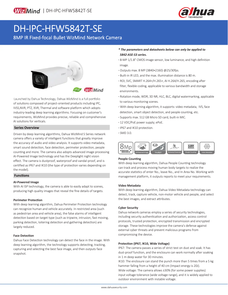 Page 1 de la notice Fiche technique Dahua Technology IPC-HFW5842T-SE