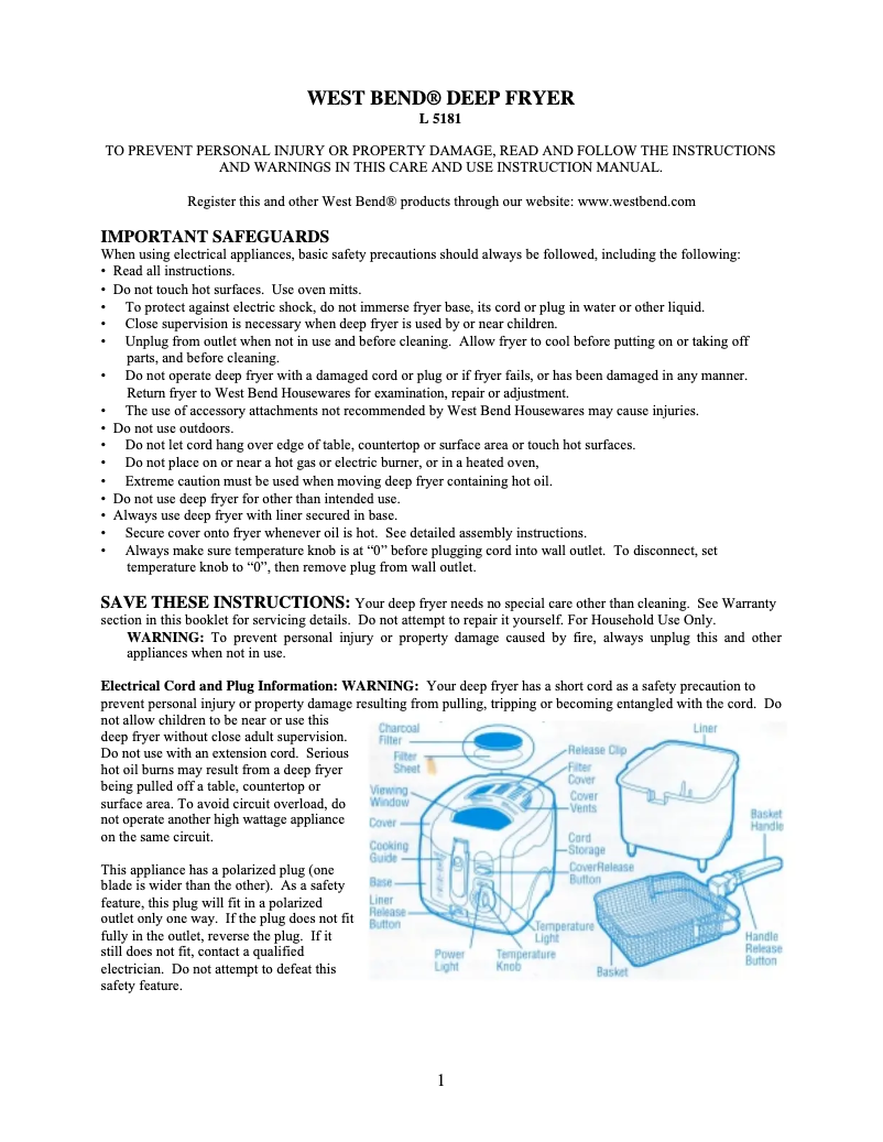 Page 1 de la notice Manuel utilisateur WestBend 6225
