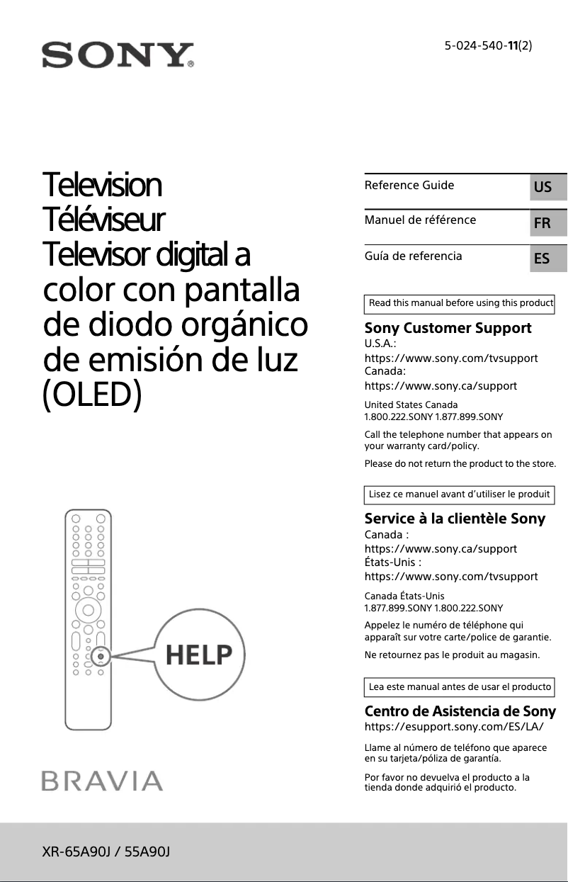 Page 1 de la notice Manuel utilisateur Sony Bravia XR-55A90J