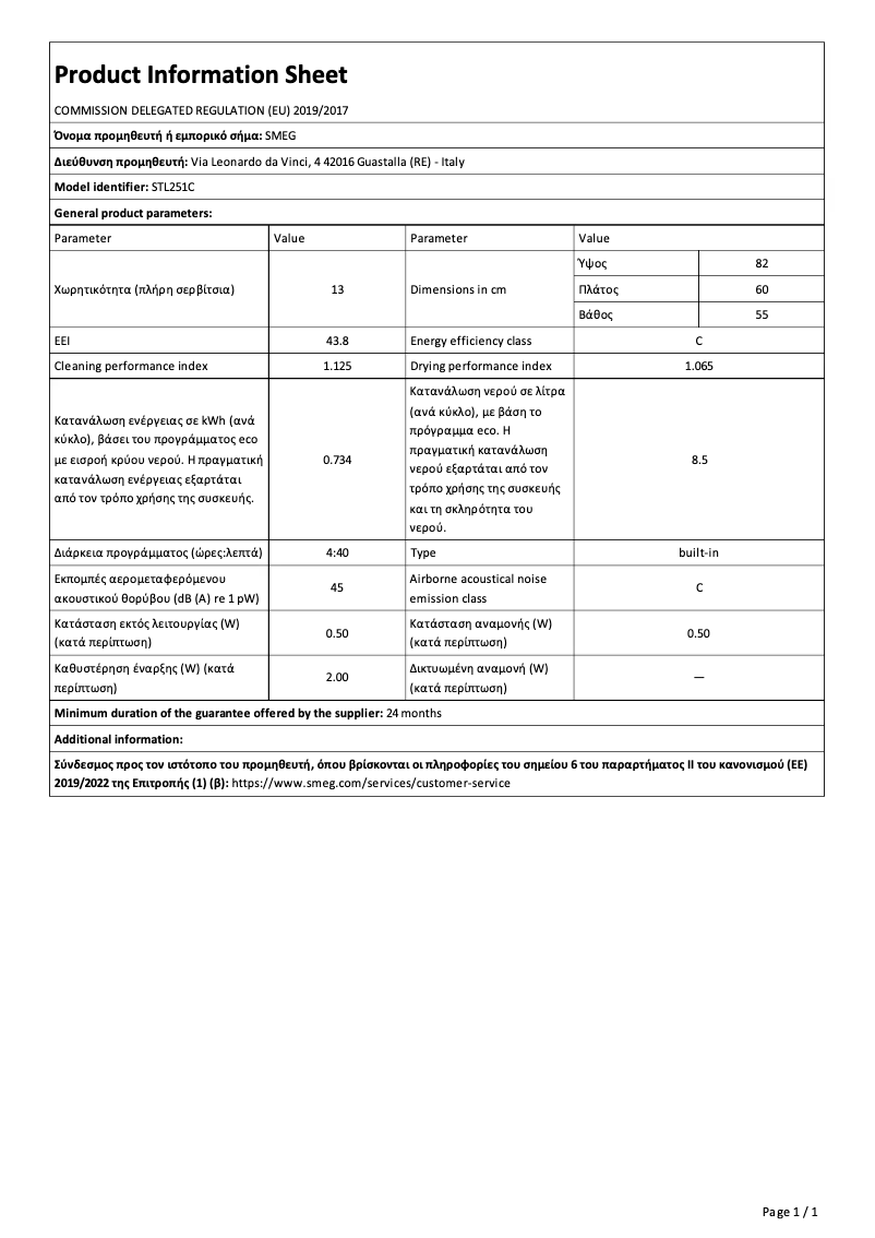 Página 1 del manual Ficha técnica Smeg STL251C