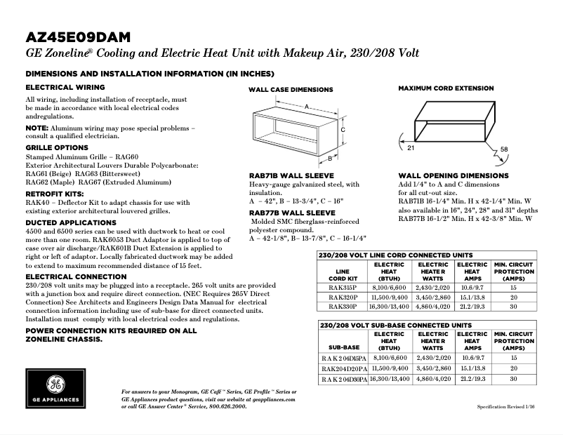 Página 1 del manual Ficha técnica GE AZ45E09DAM