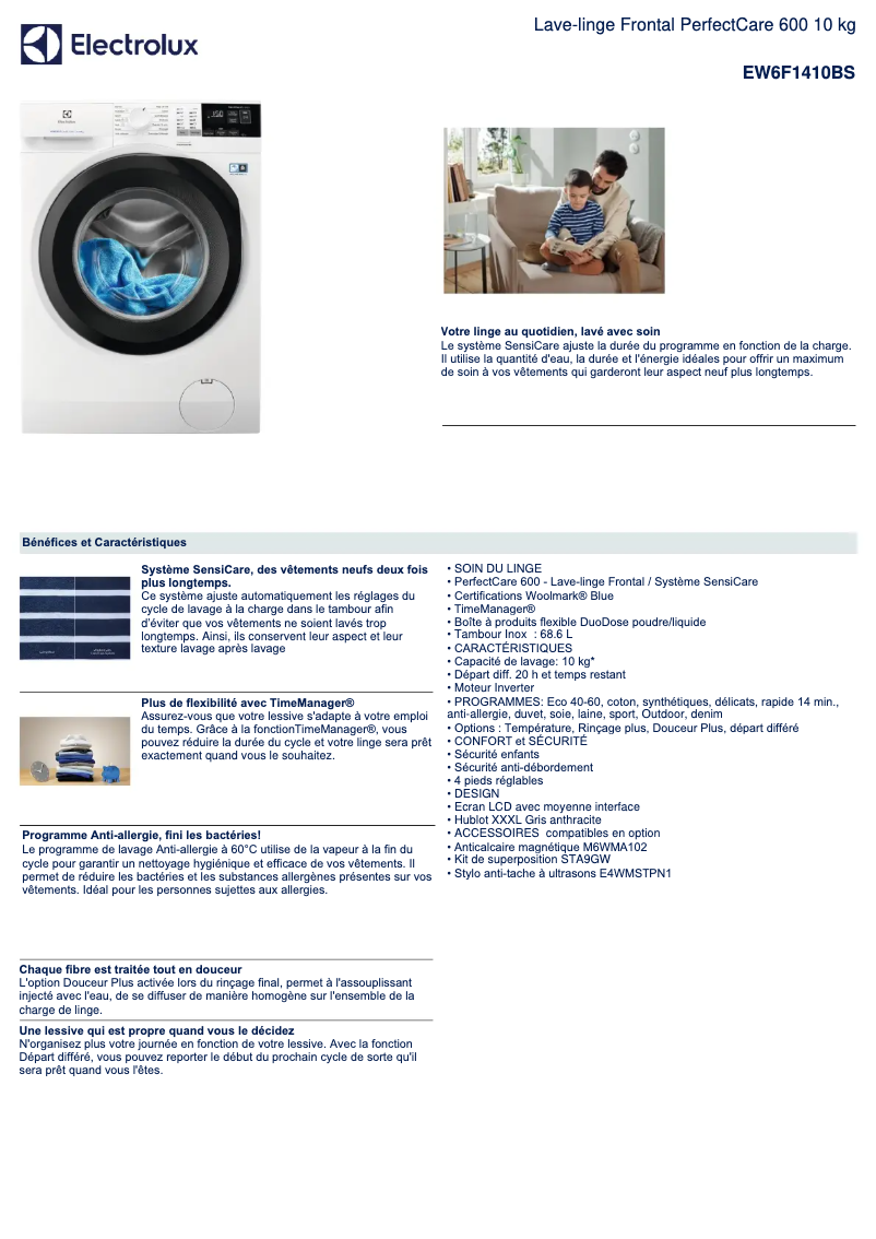Page 1 de la notice Fiche technique Electrolux EW6F1410BS