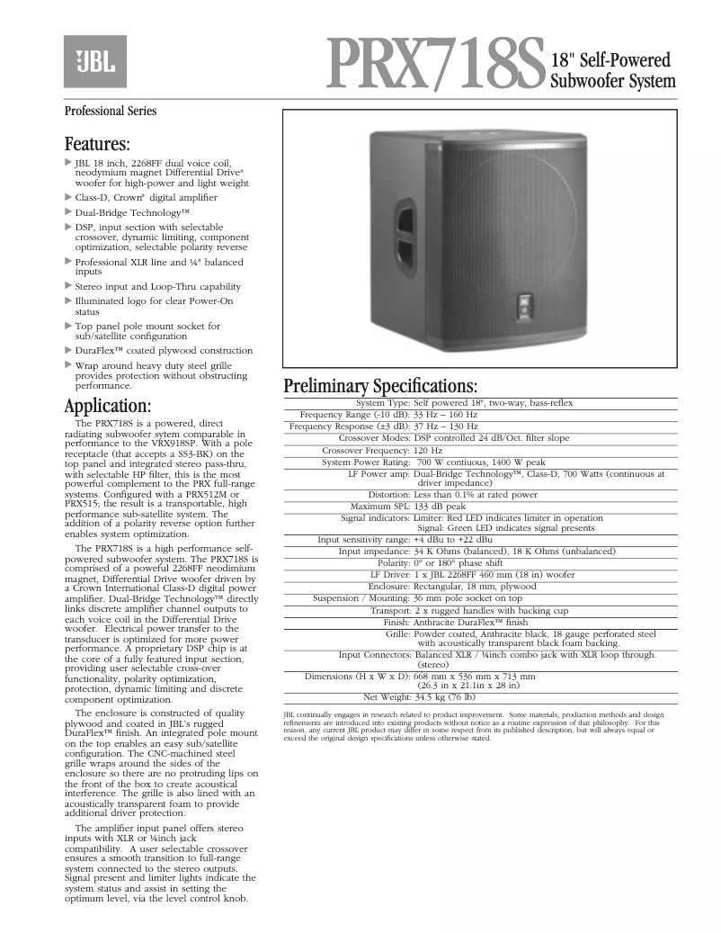 Page 1 de la notice Fiche technique JBL PRX718S