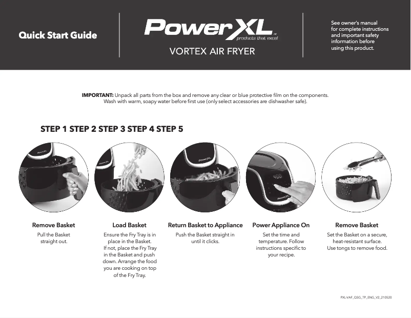 Page 1 of the manual Quick Start Guide PowerXL Vortex Air Fryer HF-8096DT-P