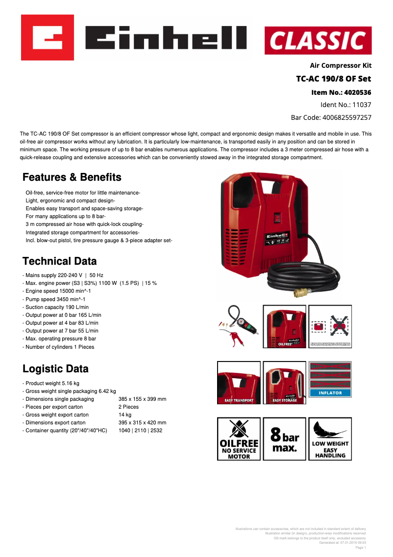 Page 1 de la notice Fiche technique Einhell TC-AC 190/8 OF Set