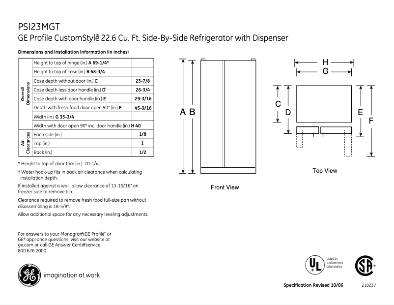 Page 1 of the manual Technical Sheet GE PSI23MGTBV