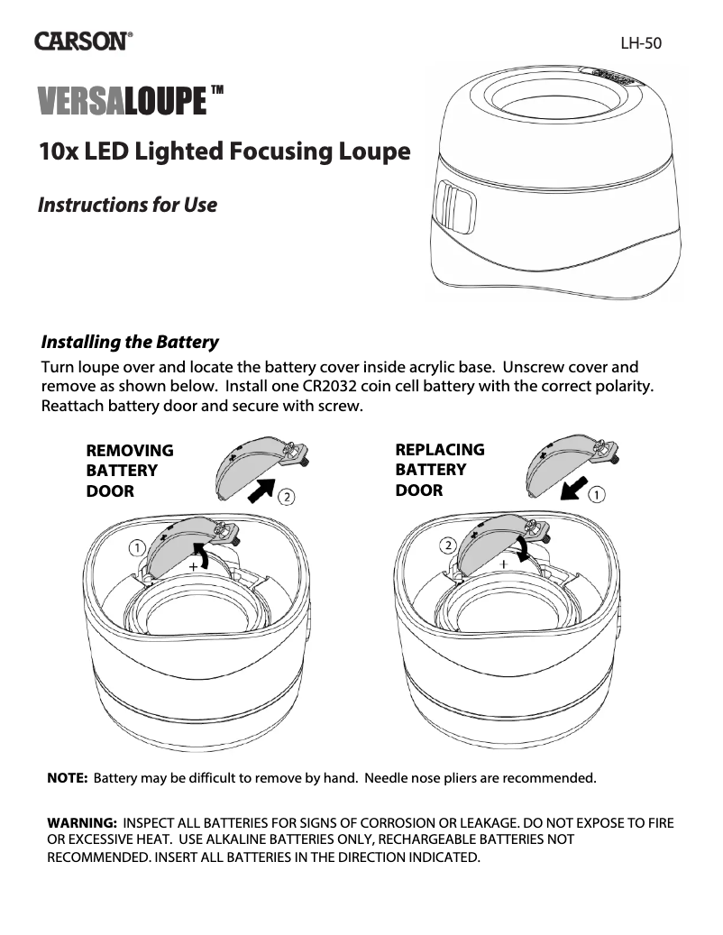 Page 1 de la notice Manuel utilisateur Carson VersaLoupe LH-50
