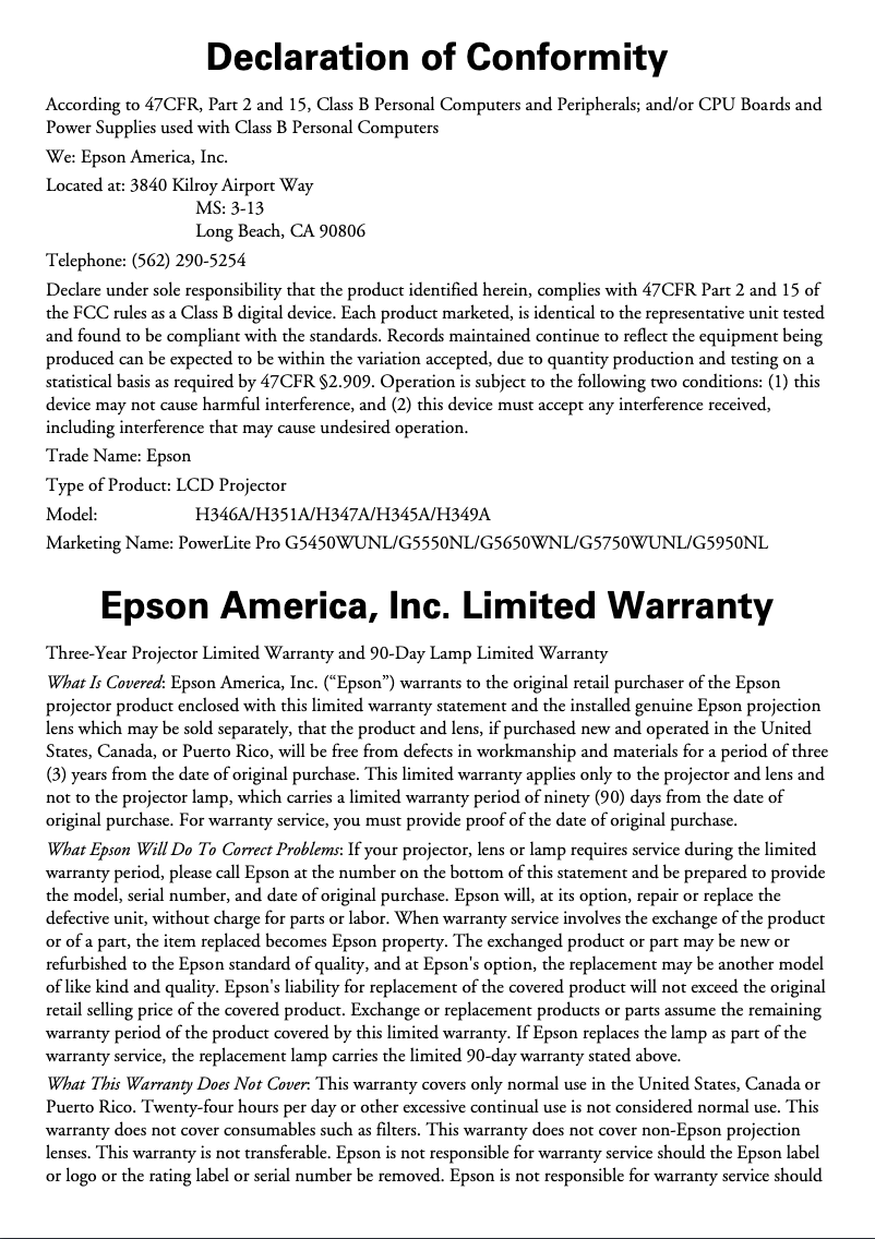 Page 1 de la notice Informations de garantie Epson PowerLite Pro G5750WUNL