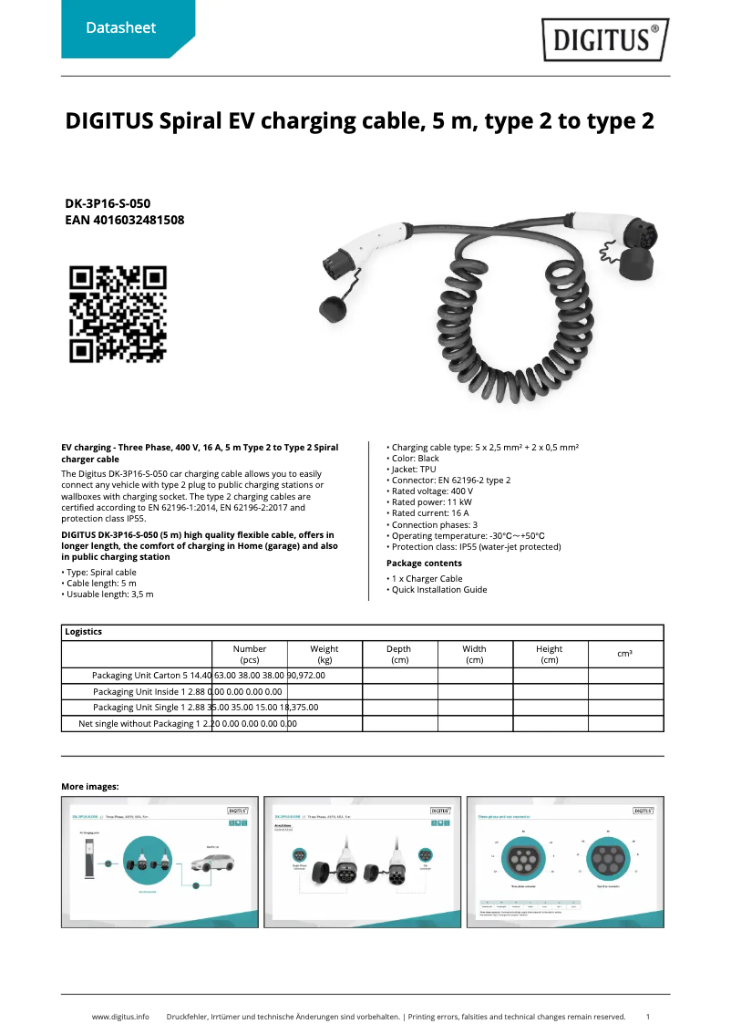 Page 1 de la notice Fiche technique Digitus DK-3P16-S-050