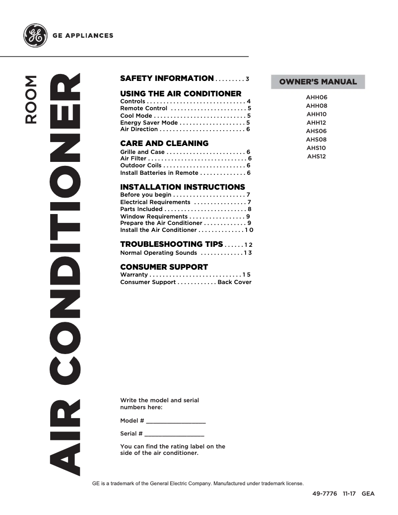 Page n°1 - Manuel d'utilisation et d'entretien GE AHS10AX