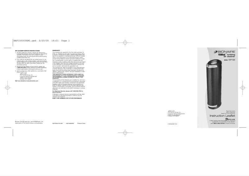 Page 1 de la notice Manuel utilisateur Bionaire PERMAtech BAP1500