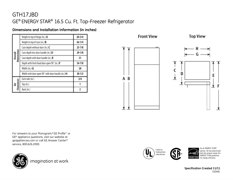 Page n°1 - Fiche technique GE GTH17JBDBB