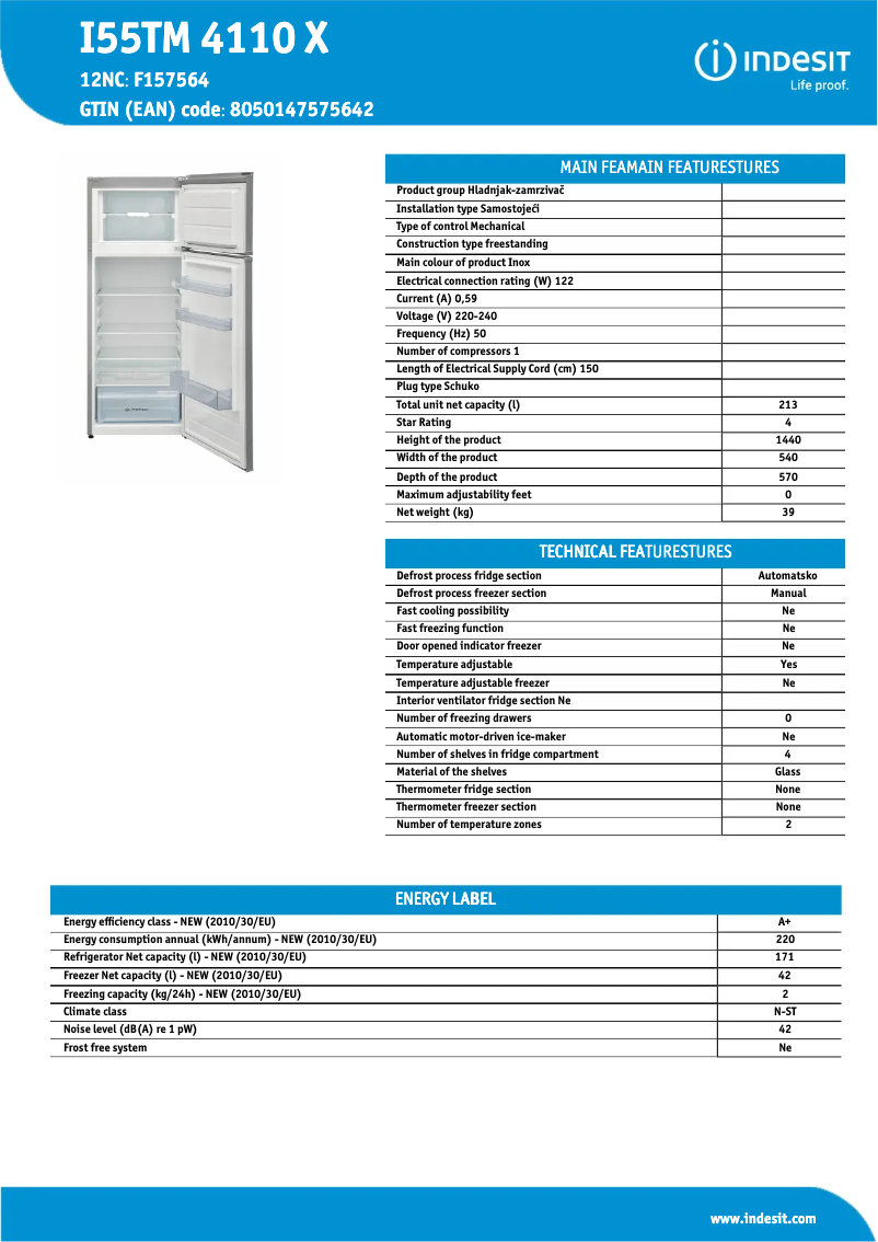 Page n°1 - Fiche technique Indesit I55TM 4110 X