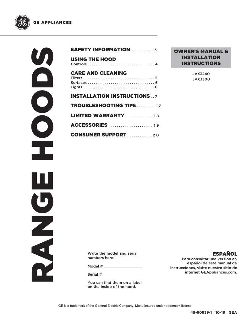 Página 1 del manual Manual de uso y mantenimiento GE JVX3300SJSS
