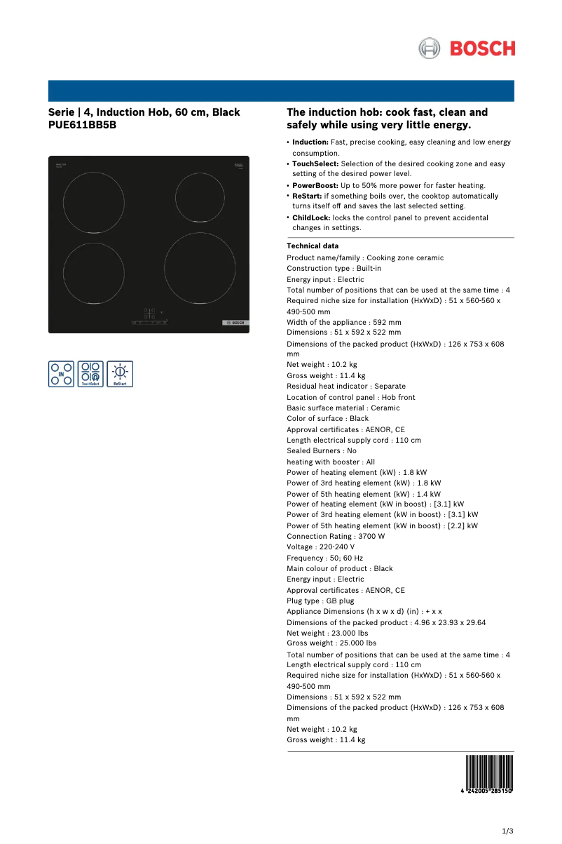 Page 1 of the manual Technical Sheet Bosch PUE611BB5B