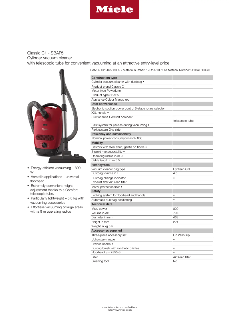 Page 1 de la notice Fiche technique Miele Classic C1