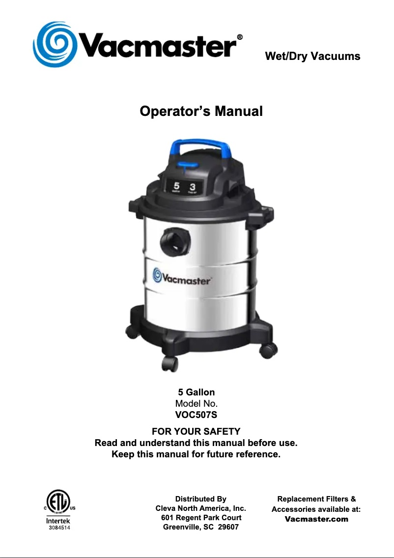 Page 1 de la notice Manuel utilisateur Vacmaster VOC507S