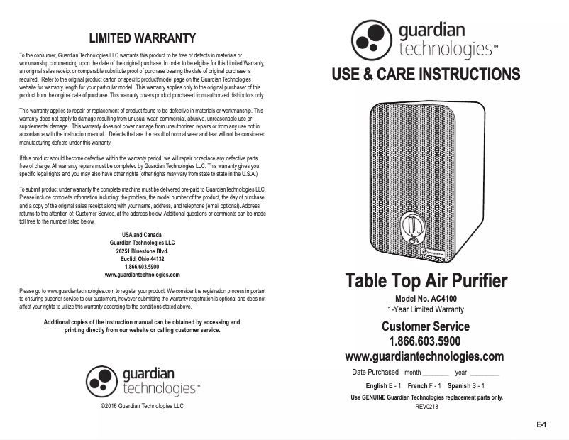 Page 1 de la notice Manuel utilisateur Guardian AC4100