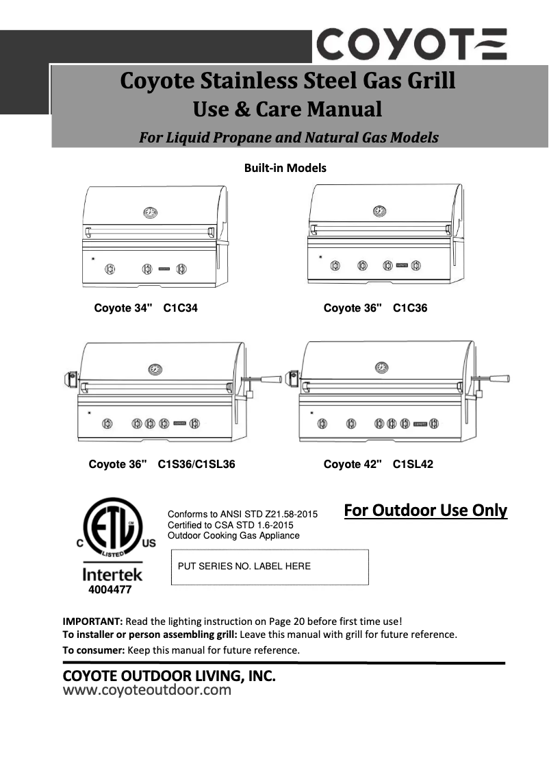 Page 1 de la notice Manuel d'utilisation et d'entretien Coyote C1S36LP