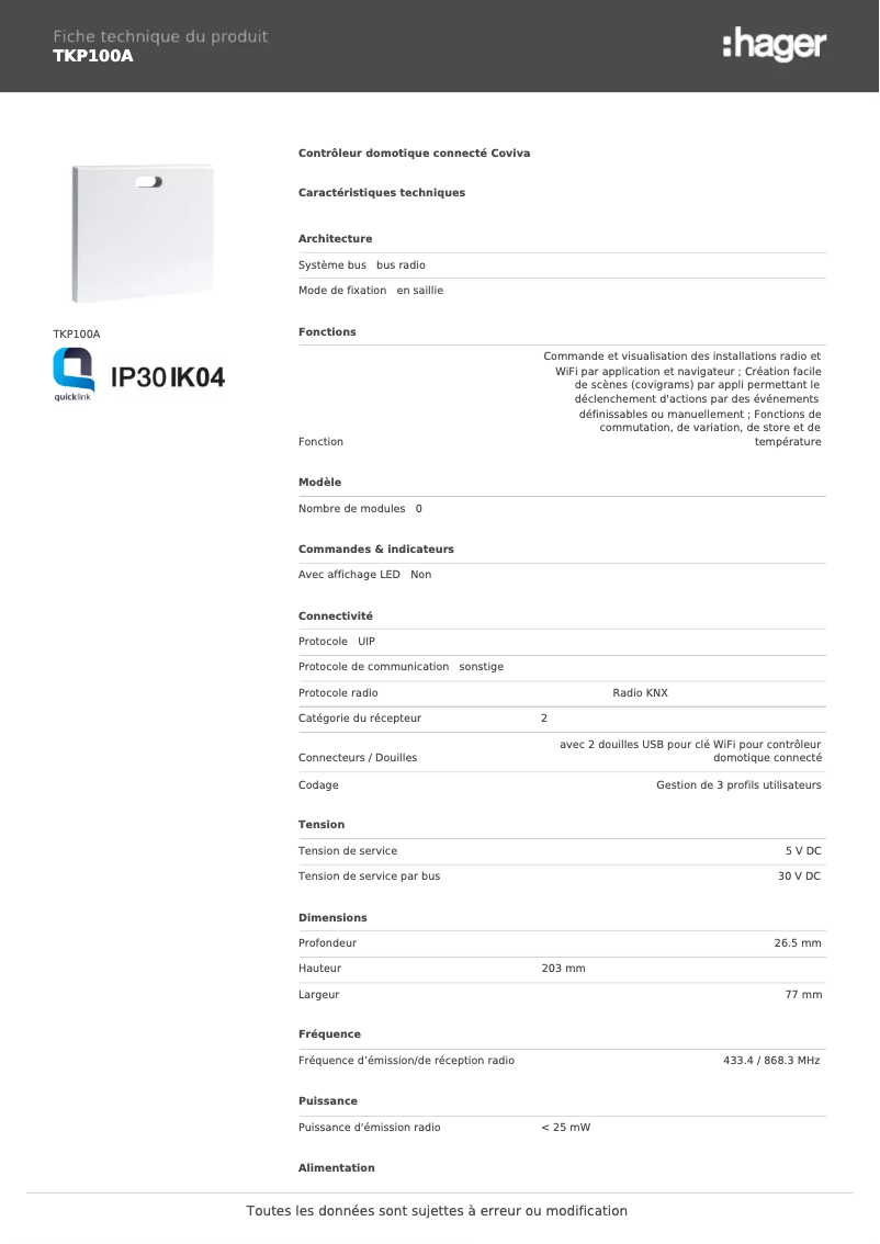 Page 1 de la notice Fiche technique Hager TKP100A