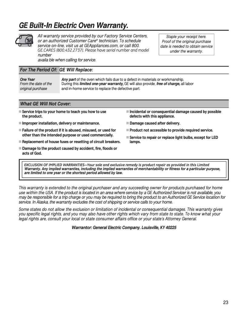 Page 1 de la notice Informations de garantie GE JRP20WJWW