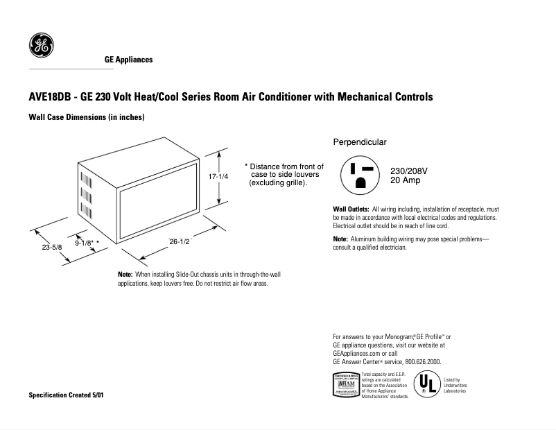 Página 1 del manual Ficha técnica GE AVE18DB