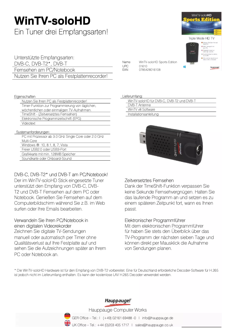 Page 1 de la notice Manuel utilisateur Hauppauge WinTV-soloHD