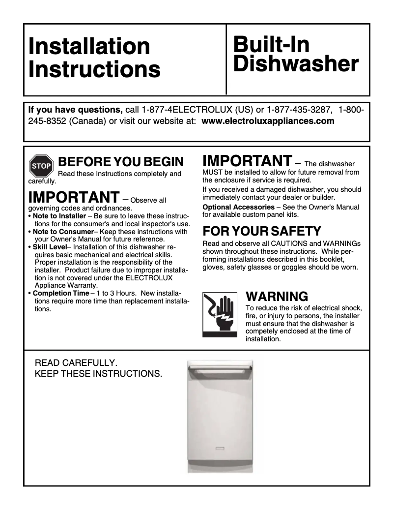 Página 1 del manual Guía de instalación Electrolux EIDW1805K