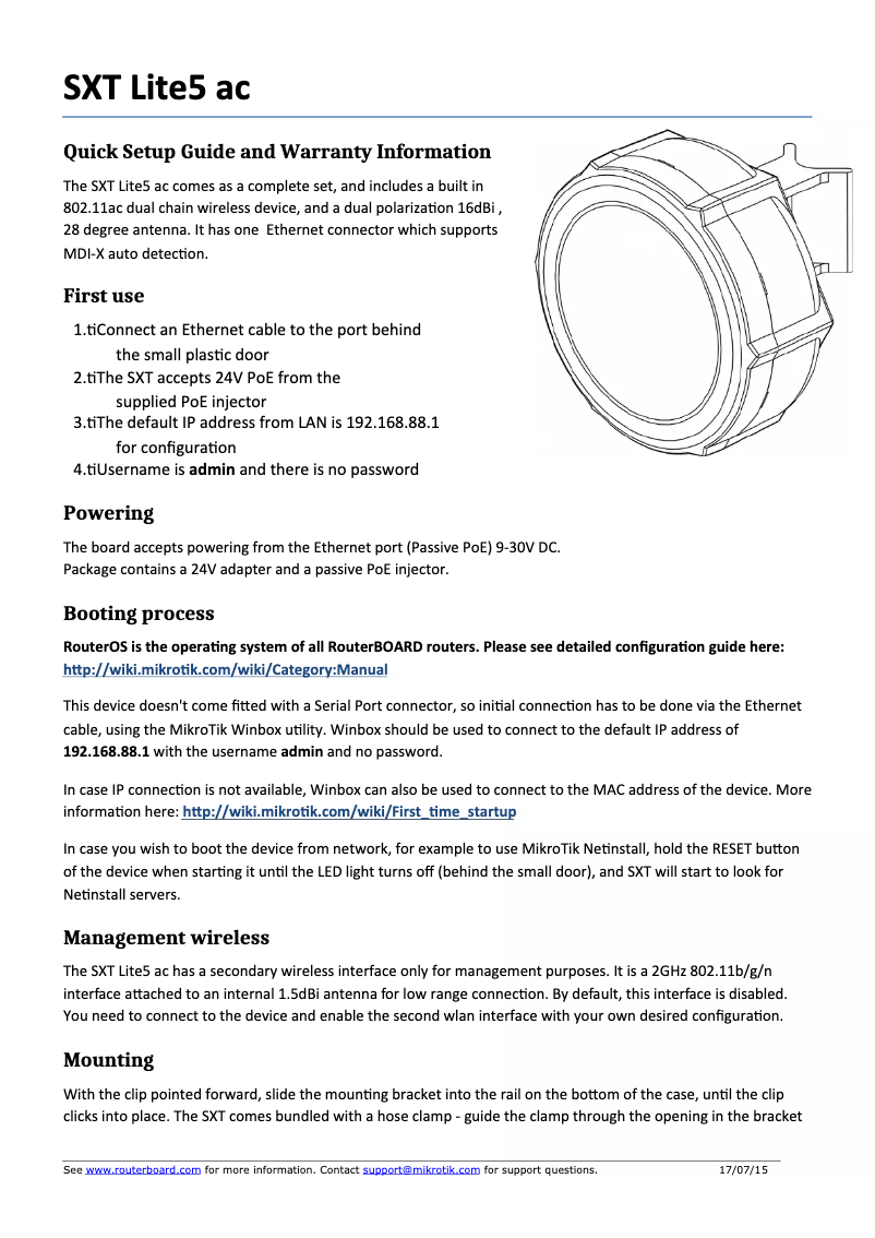 Page 1 de la notice Manuel utilisateur Mikrotik SXT Lite5 ac