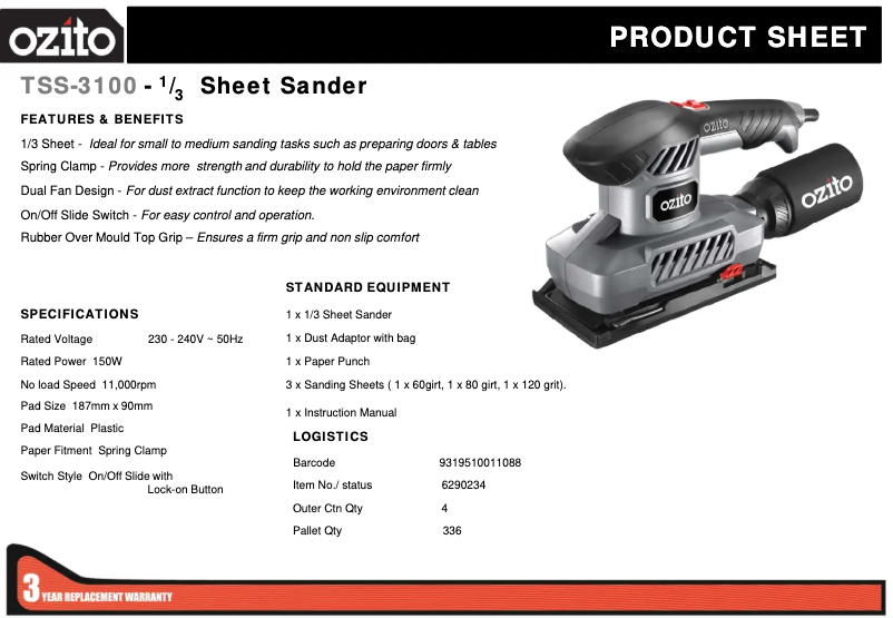 Page 1 de la notice Fiche technique Ozito TSS-3100