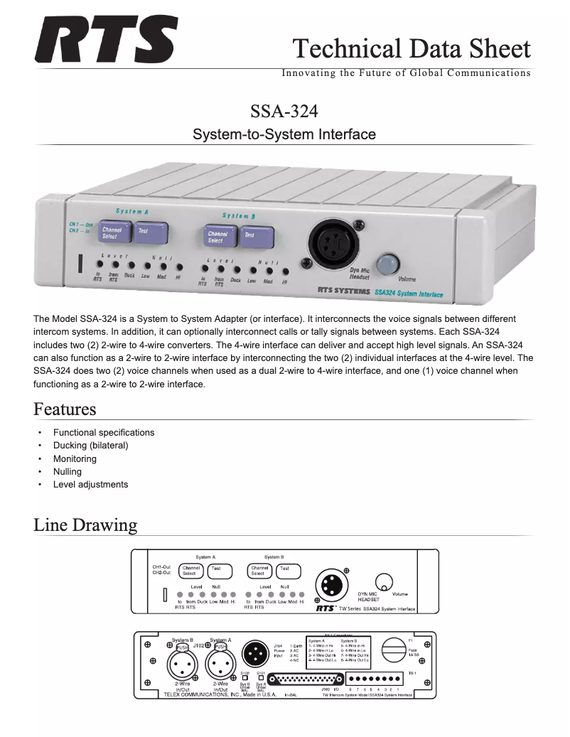Page 1 de la notice Fiche technique RTS SSA-324
