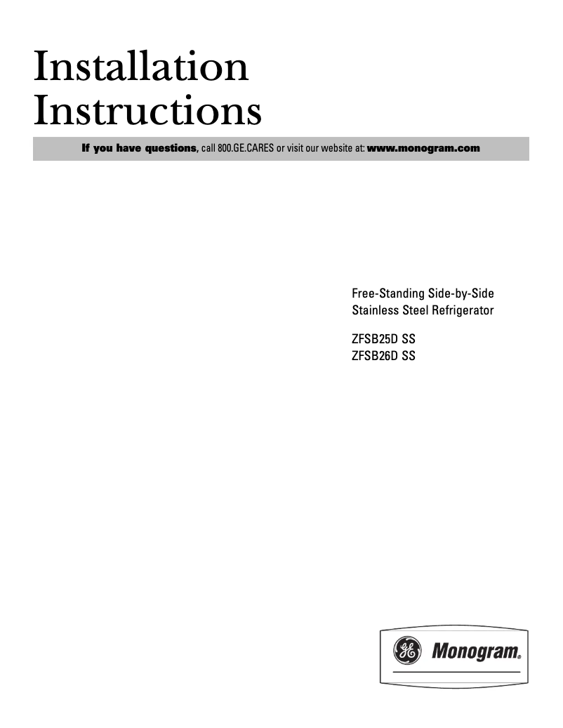 Page n°1 - Guide d'installation GE ZFSB25DMSS