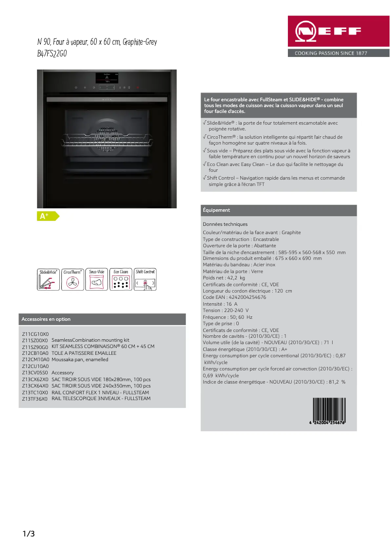 Page 1 of the manual Technical Sheet Neff B47FS22G0