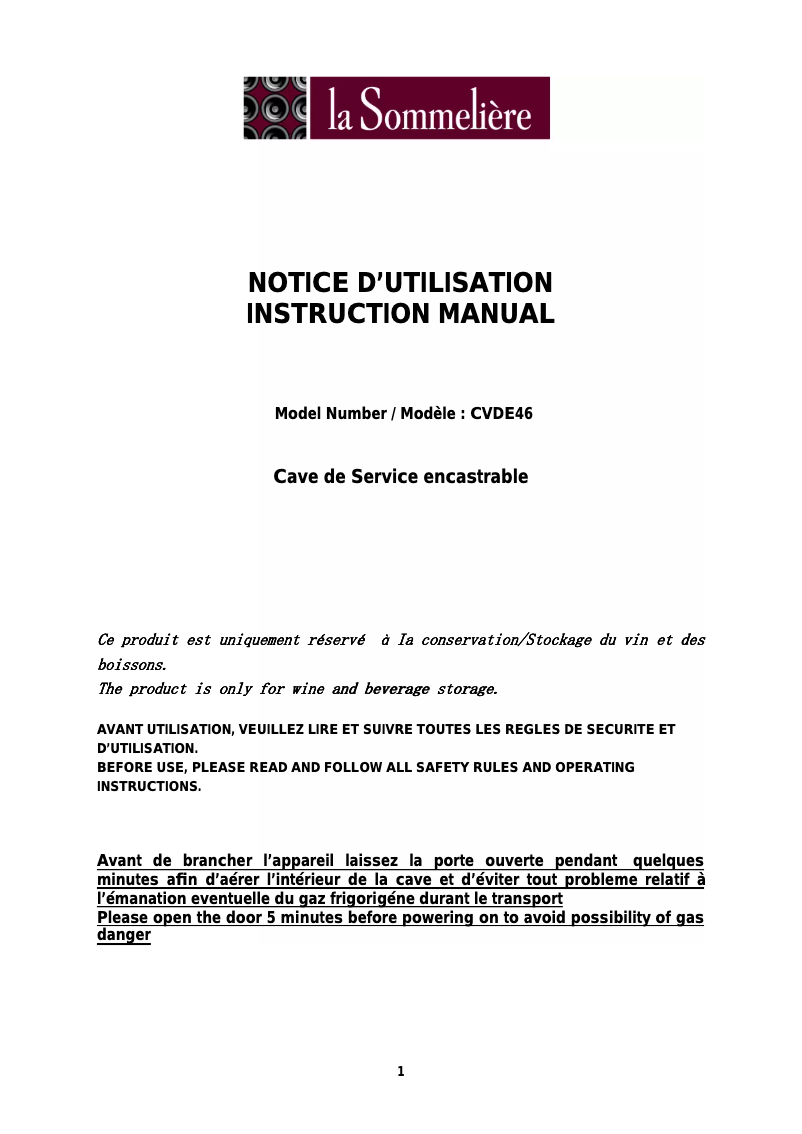 Page 1 de la notice Manuel utilisateur La Sommelière CVDE46