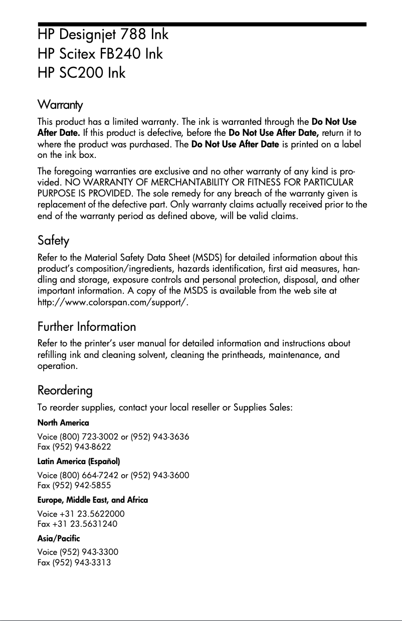 Page n°1 - Informations de garantie HP DesignJet H45000