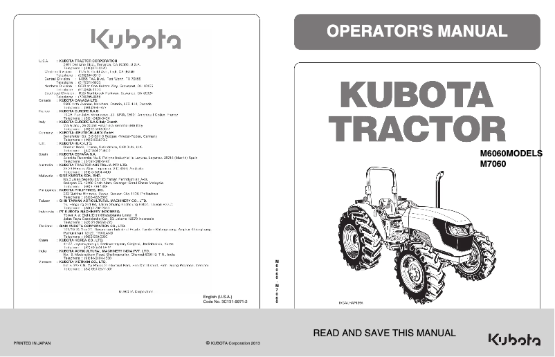 Page 1 de la notice Manuel utilisateur Kubota M7060HDRC