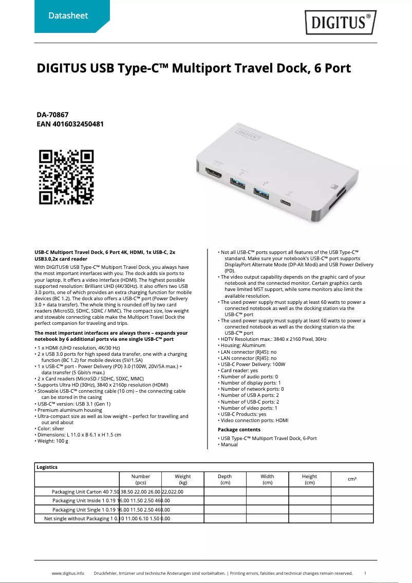 Page 1 de la notice Fiche technique Digitus DA-70867