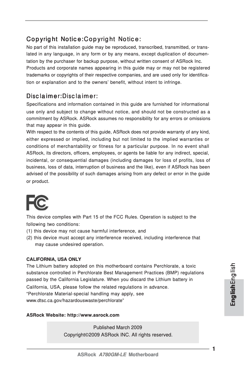 Page 1 de la notice Manuel utilisateur Asrock A780GM-LE